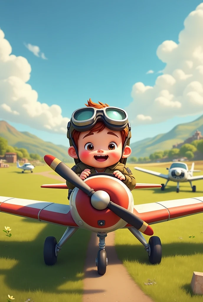 Draw me a picture , chubby boy learning to fly a plane