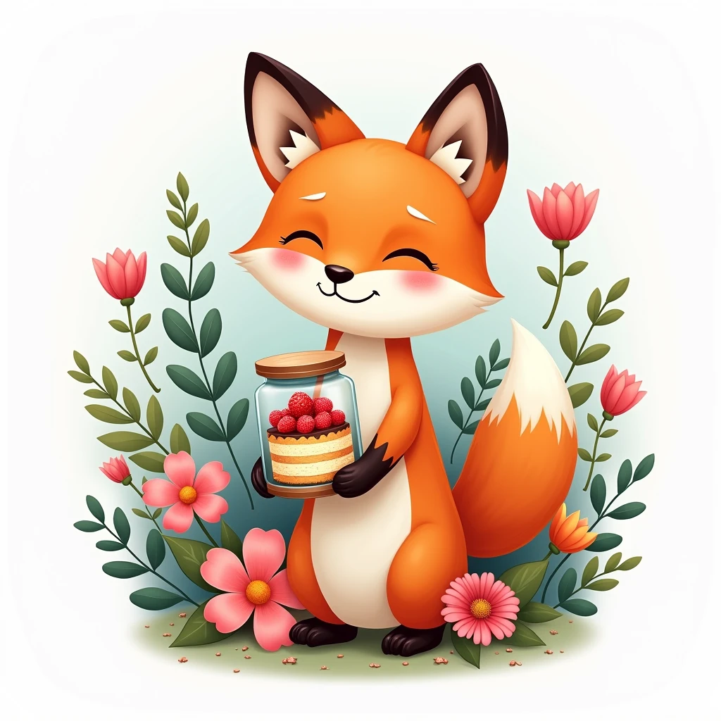  logo, with a fox holding the cake in the jar, flowers, creative 
