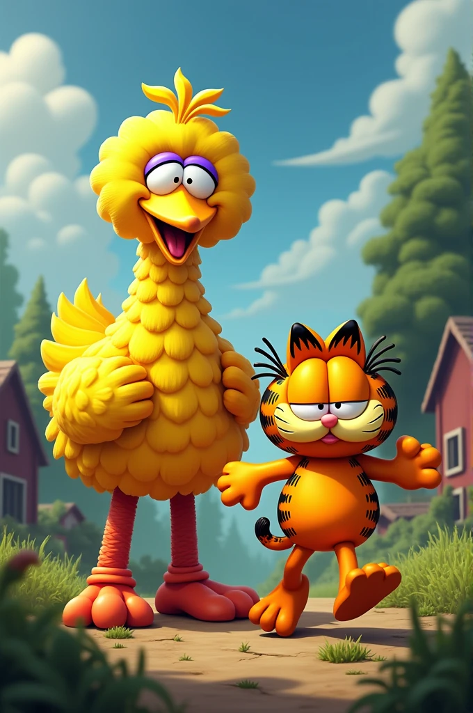 Garfield e Big Bird fugindo de zombies, on a farm.