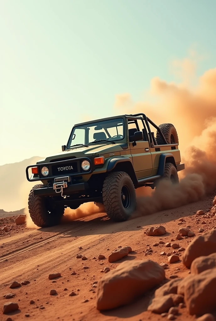 Please create an open back land cruiser with big black grip wheels that exert dust as it drives over a rocky road