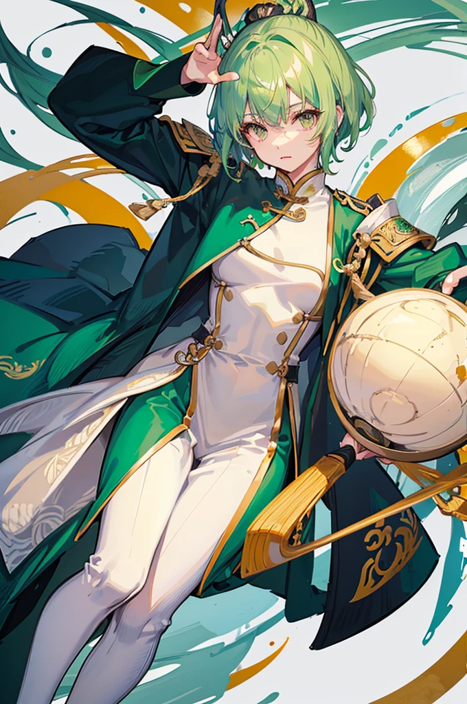 One person、Green Hair、Her hair is short、Fighter、Young man、Uniform、Chinese Knight、Chinese style、White background、No exposure、China dress、pants、band、front、White clothes、Kung Fu、Uniform、Dragon Embroidery