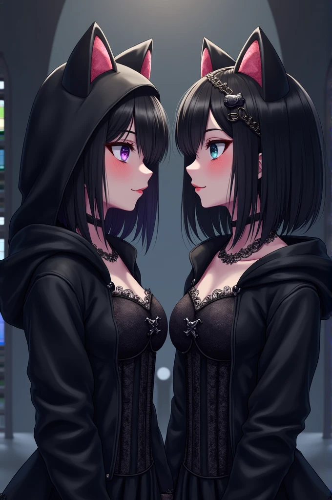 Generates two hellokitis with black corsets, one with short black hair and a hood and the other with medium-long black hair with cute highlights and a hood.