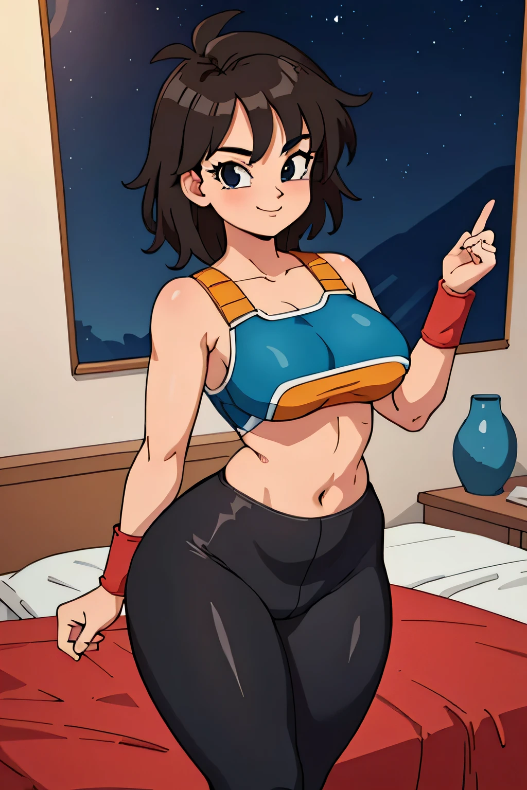 masterpiece, best quality, cowboy shot, 1girl, solo, saiyan armor, wristband, black leggings, boots, bedroom background, indoors, nighttime, smile, happy, medium breast, wide hips, curvy, thin waist, looking at viewer, bare shoulders, spiky hair, medium hair, cowboy shot