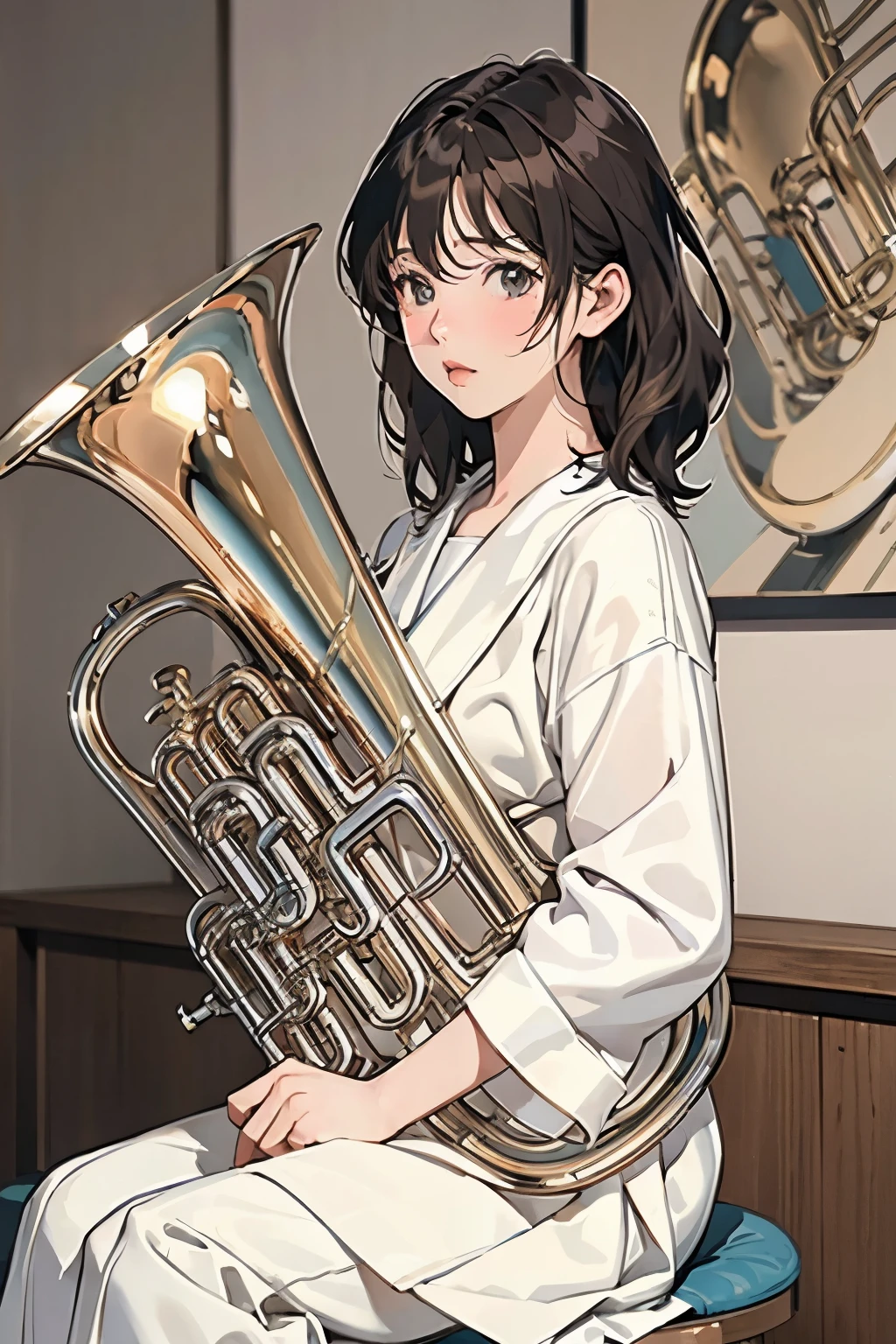 (masterpiece, Highest quality:1.2), (One Girl), play the euphonium, alone, (Draw the Euphonium Shape Accurately:1.4)、Sit down、(From before)、In the uniform of Kitauji High School、(Blur the background)、Anime Art、4K、8k、wallpaper、