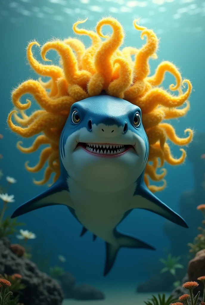 a blue and white shark with curly corn hair 