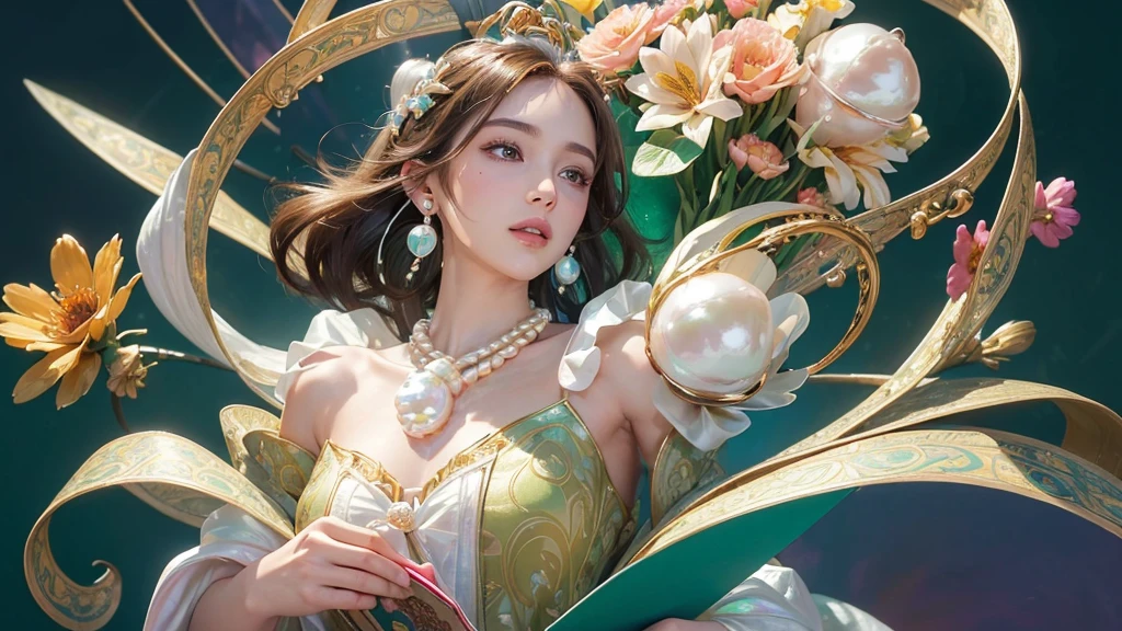 32K, 最高quality, 最高masterpiece, (ultra-Detailed Background, Detailed Background), High resolution, Super detailed, Very detailedな, 1 personの, (bouquet:1.3), (Tangled:1.2), (Geometric:1.2),(colorful),(masterpiece, quality, best quality, Official Art, Beautiful and beautiful:1.2), (1 person:1.3), Very detailed,(colorful:1.1)(Flowers:1.3),Most detailed,(Tangled:1.2), whole body, (Abstract background:1.3), (Skin glows), (Many colors:1.4), ,(Earrings Pearl:1.5), Pale yellow-green background, It's imaginative., Brunette Hair, Updo, Holding a book, Holding a pen, Satin shirt
