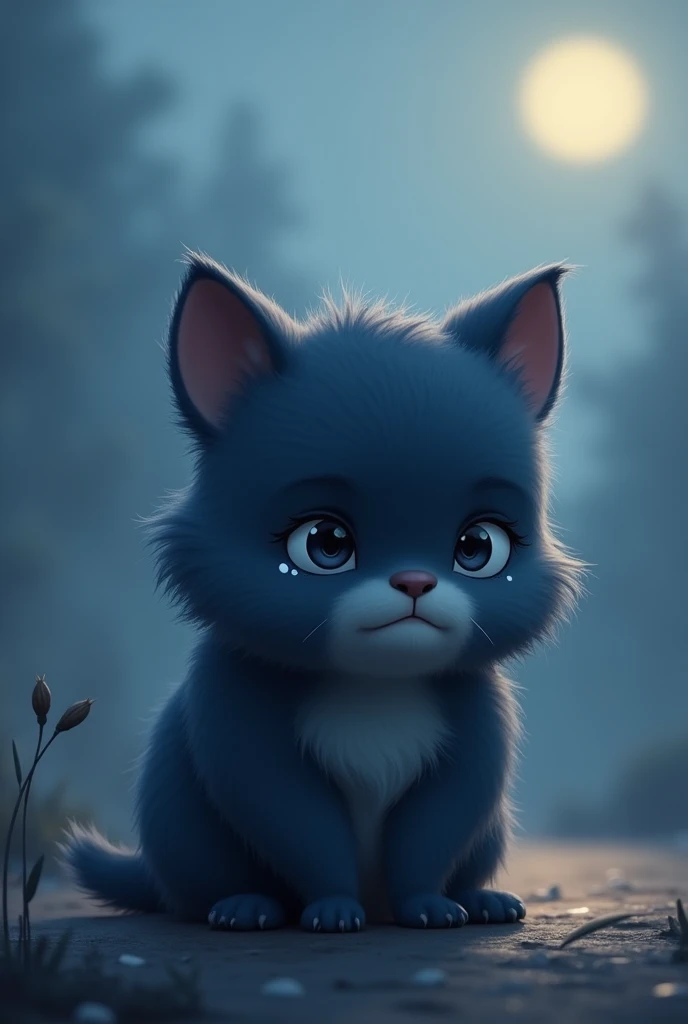 Create a cute animated character, tender and furry that represents the emotion of melancholy, whose characteristic color is dark blue