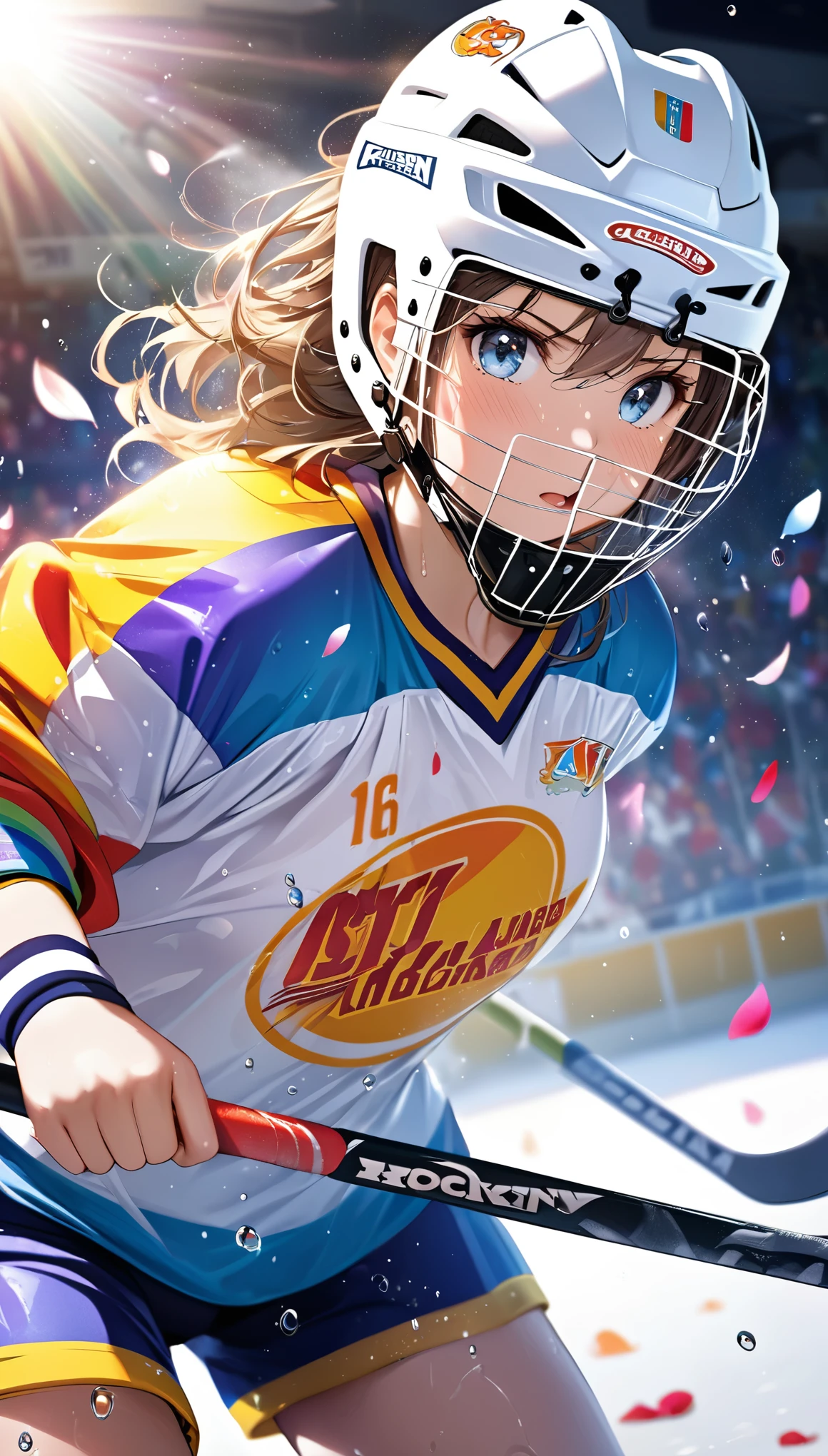 (Sports magazine cover photo), Highest quality, Great quality, 16K, Unbelievably absurd, Very detailed, delicate and dynamic, Natural light, The particles reflect light, Diffuse reflection of light, Many rainbow-colored petals fall, Beautiful hall, Sparkling Sun, Diffuse reflection of light, Create amazing image effects, Hockey girl, Wet, sweating, Ice hockey, Holding hockey stick, Close-up(Cute sexy girl, big bouncing busts, Sensual expression, Cool girl, Serious, passion, Dynamic, Flashy hockey uniform, ,ice hockey helmet, Face guard, audience ,much-air-laden cheer)