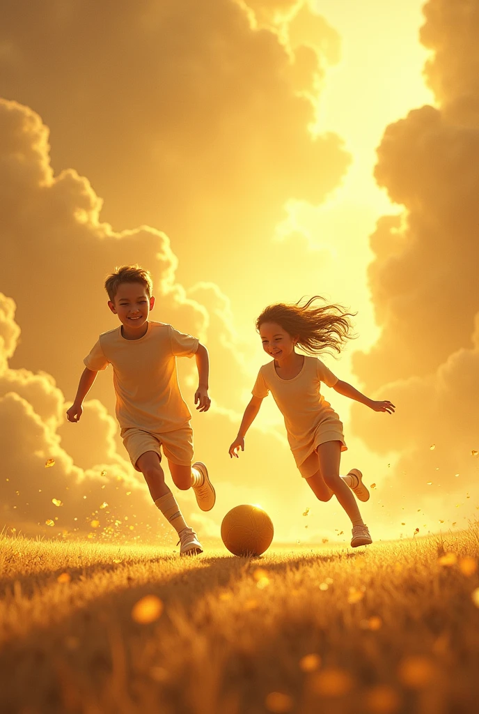 2 frères et une soueur entrain de jouer au football dans un royaume celeste en or rempli de nuages