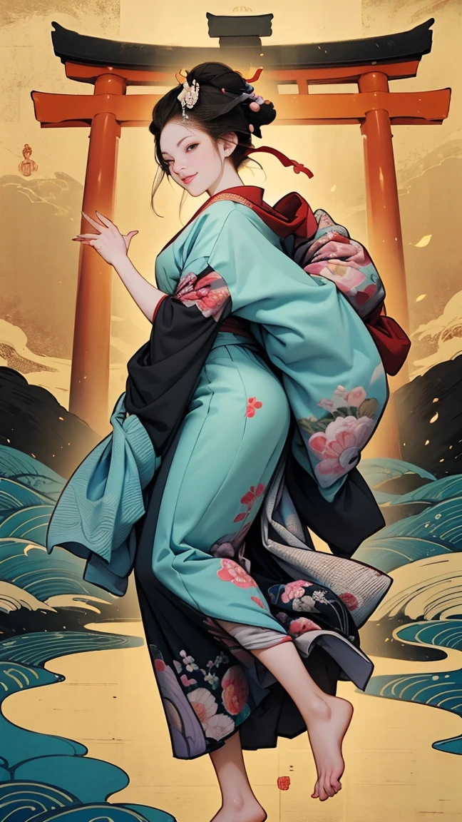(Sea Art、I create amazing digital illustrations of beautiful women in kimonos)、Beautiful woman smiling showing her upper white teeth、Colorful Ukiyo-e style illustrations、Brown-black long hair、Beautiful full body style、If you want to dance, Dancing to Tokyo Ondo, Good good、Beautiful new digital paintings,、 Bright and vibrant digital anime art、Beautiful anime portraits、The background is the torii gate of a Japanese shrine...、Detailed digital anime art、