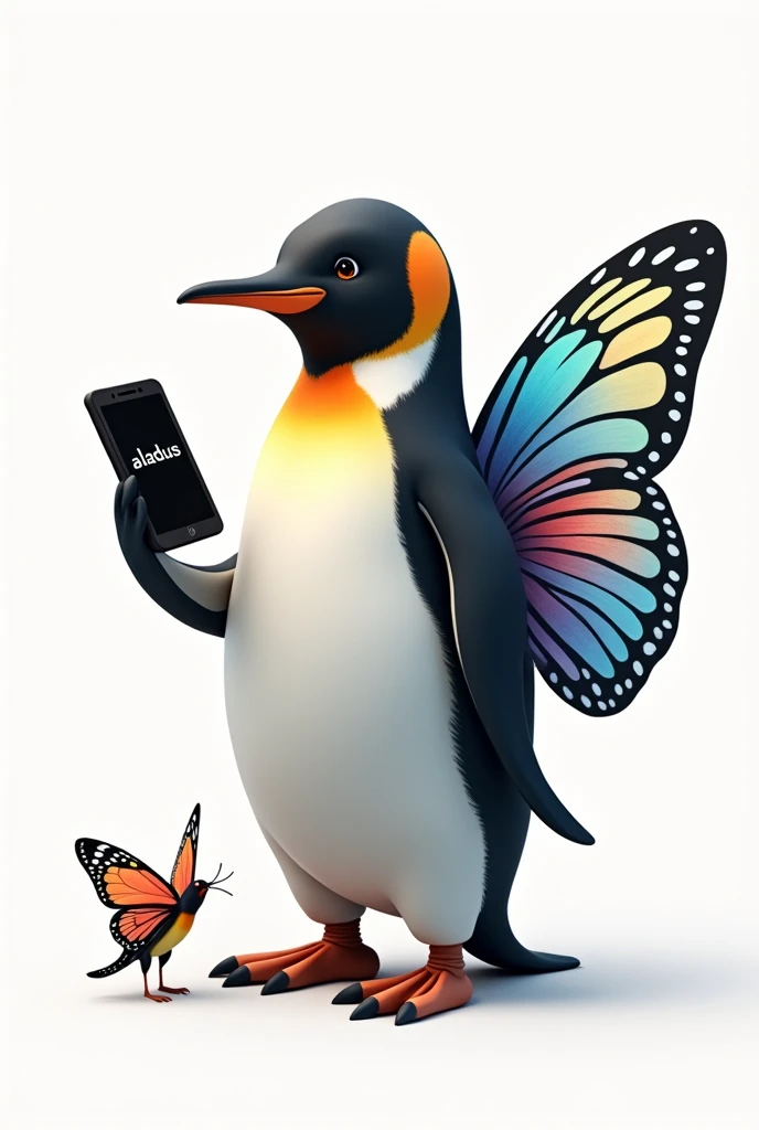 Penguin with cute face and colorful butterfly wings, holding a cell phone with writing "aladus "in hand, with a white background and a butterfly on its paw
