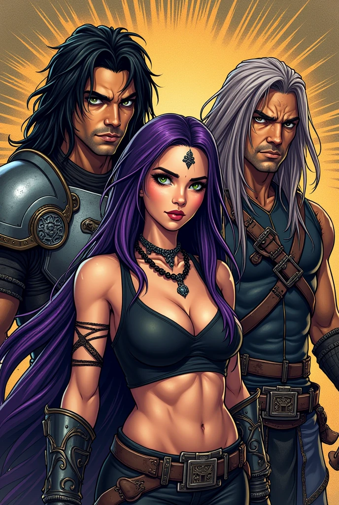 Create written poster: THE ALLIANCE OF METAL Comic book style background image with 2 dark-haired rock n roll warrior men in armor and a fat rock warrior woman with long purple hair and green eyes, with desert background