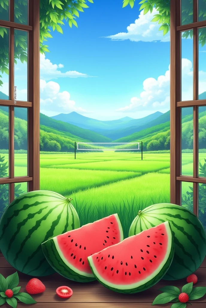 Green fields and watermelons、Day当たりの良い環境、farm background、Airy landscape、summerの環境、澄んだ晴れたDay、There is a window with a view of the poster。summer、背景のsummer祭り、Day本の田舎、Clear sky、Wide landscape、summerの午後、晴れたDayの時間、Day本の田舎、Volleyball court background、Scenic Background、Day