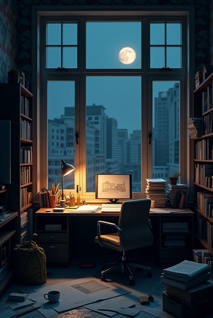 room of a busy architect without the person at midnight wallpaper
