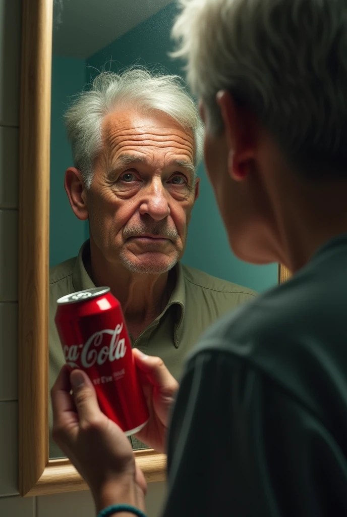 A person looking in the mirror, noticing early signs of aging, with a Coca-Cola can in their hand.