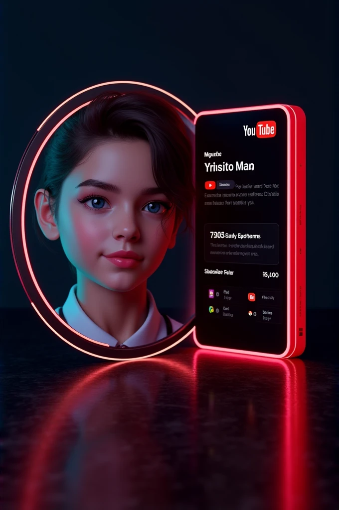 A digital card displaying a YouTube channel with a similar design to the provided the reference image.The card should feature a young person's portrait a circular frame on the left side, with the YouTube logo and the text your chennal name and your subscriber on the right side.The card should have a neon red outline and a dark background, similar to the reference image.