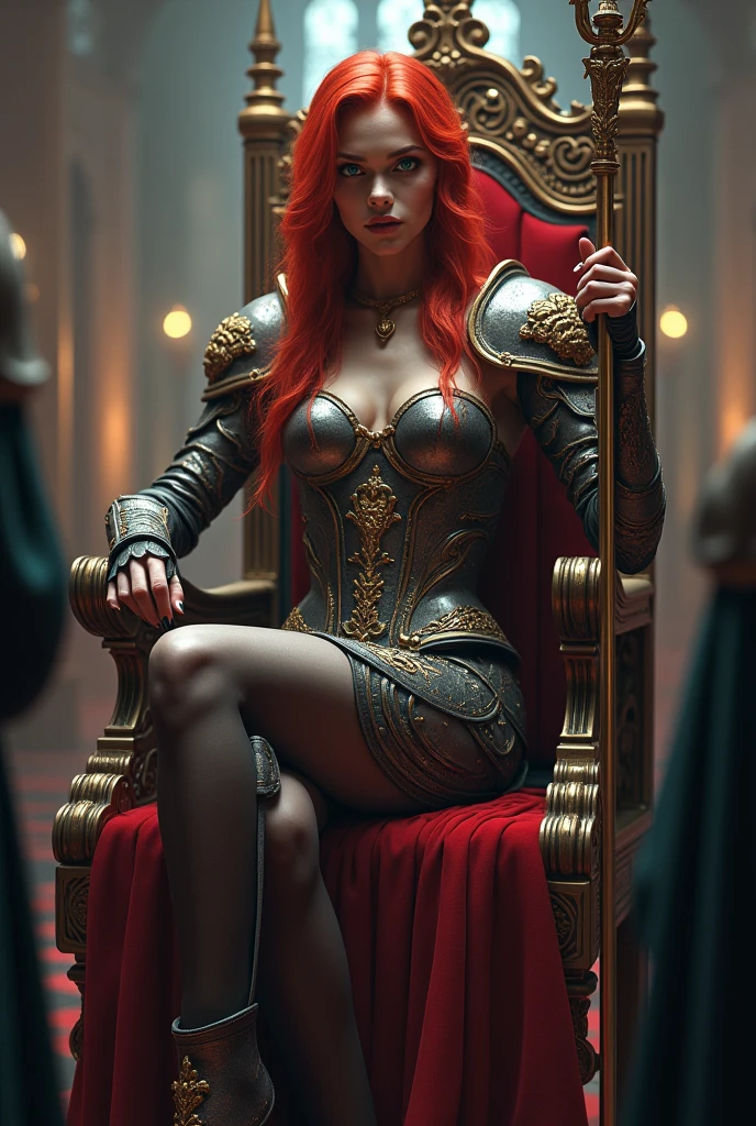 woman in sexy armor, sitting on the queen's throne, with a spear in her hand, a seductive look, red hair, blue eyes, natural lips, royal castle setting and all subjects on their knees