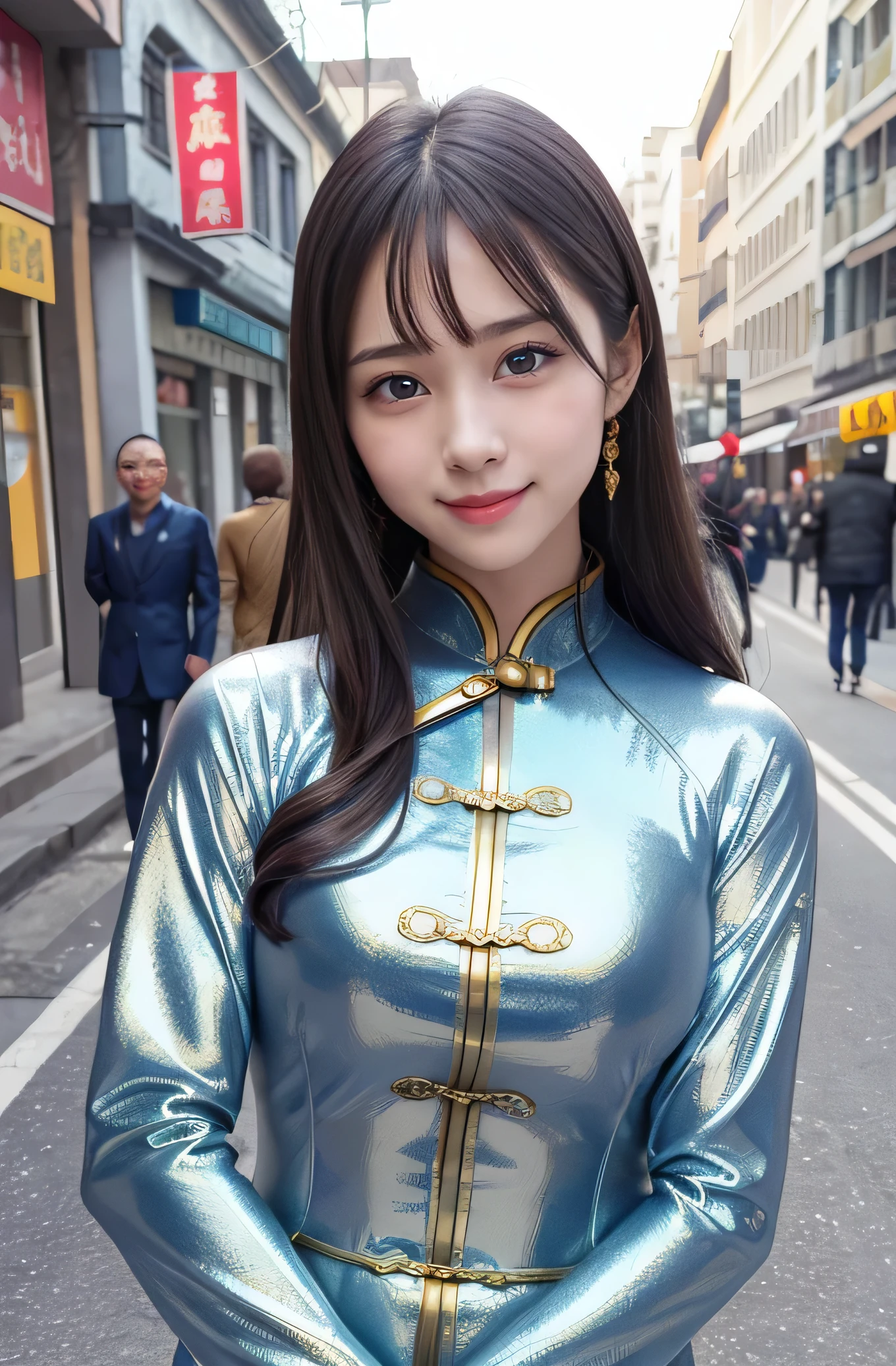 very cute girl, super cute face,clear attractive eyes, detailed Beautiful eyes,smiling,(realistic photograph), Super shiny metallic gorgeous vivid colored latex long sleeves cheongsam, dragon pattern design cheongsam,
Costume lighting,in the street