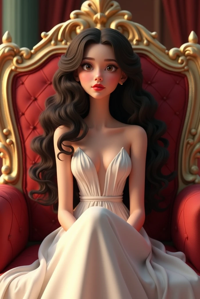 Pretty girl with long curly hair wearing white formal dress and red lipstick sitting in the royal chair. 3D semi animated 