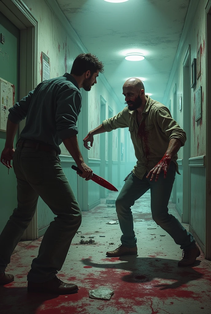 Abandoned hospital, man using a knife attacks zombie in front of him, zombie is dead and falls to the ground, 