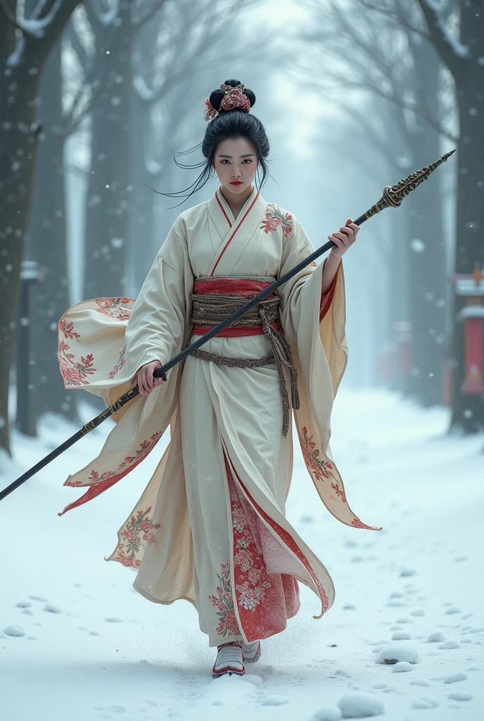 Generate me the image of a geisha with a spear, walking in the snow, High-level and realistic details