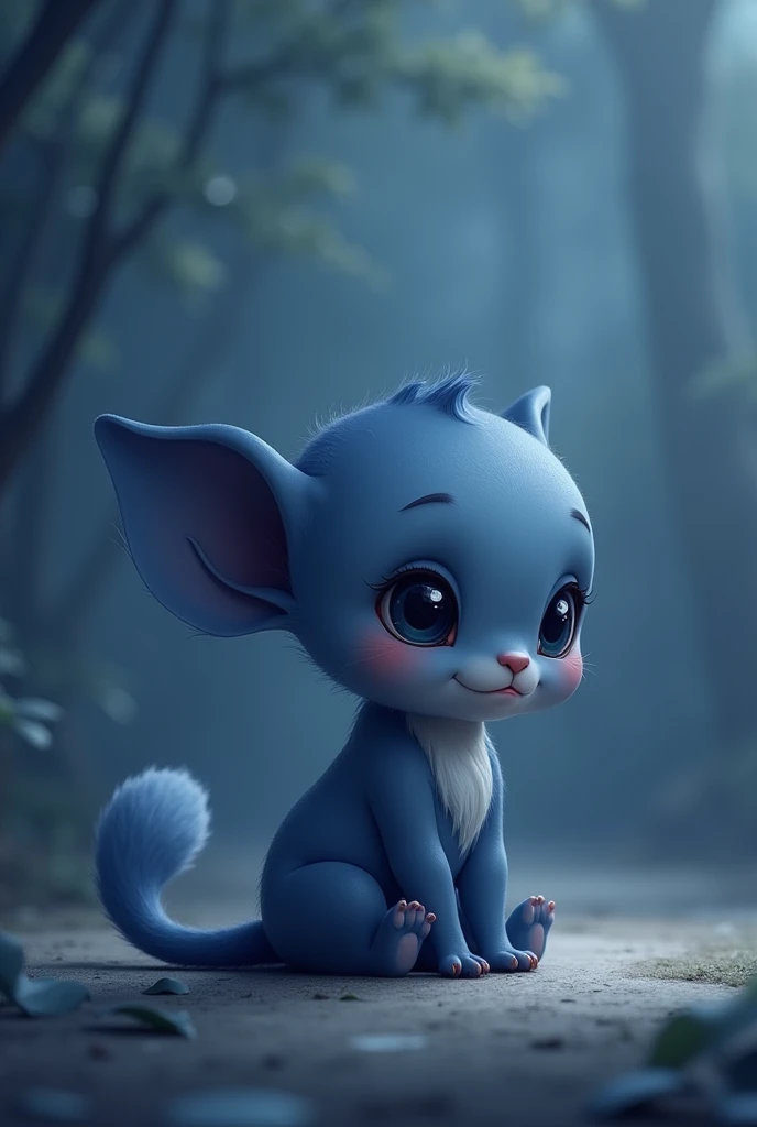Create a cute animated character, tender that represents the emotion of melancholy, whose characteristic color is dark blue