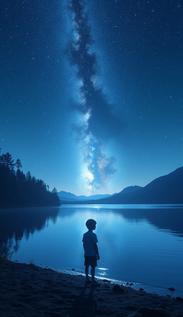 very wide shot,1 boy,He stands on the shore of a huge lake,The sky above is filled with endless stars,Huge lake reflects the starry sky