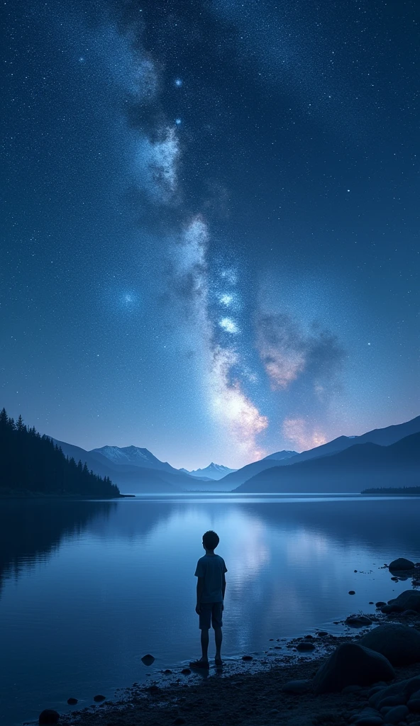 very wide shot,1 boy,He stands on the shore of a huge lake,The sky above is filled with endless stars,Huge lake reflects the starry sky