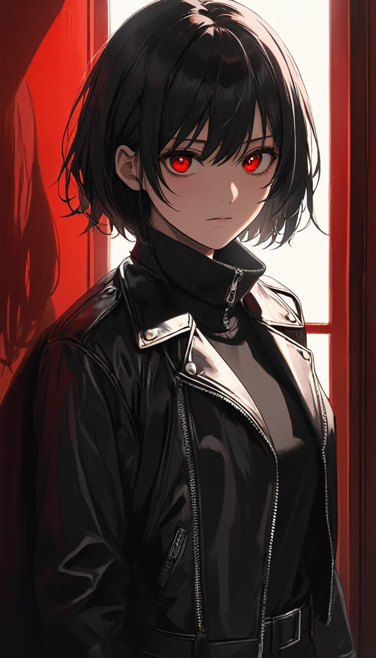 Anime girl with (short black hair:1.1), black turtleneck long sleeve, black format pants, leather jacket with zipper, (silhouetted against a red, window-lit hallway:1.3), mysterious aura, dramatic shading, high contrast, intense and somber mood, (text overlay: ".is you.":1.1), close up shot on person, psychological thriller vibe, bulging eyes, serious face, traumatized, woman with blood on her face, blood stains in clothes, she looking a mirror, (shadowed face with a hint of light on eyes:1.2), dark, suspenseful atmosphere. interrogation room,