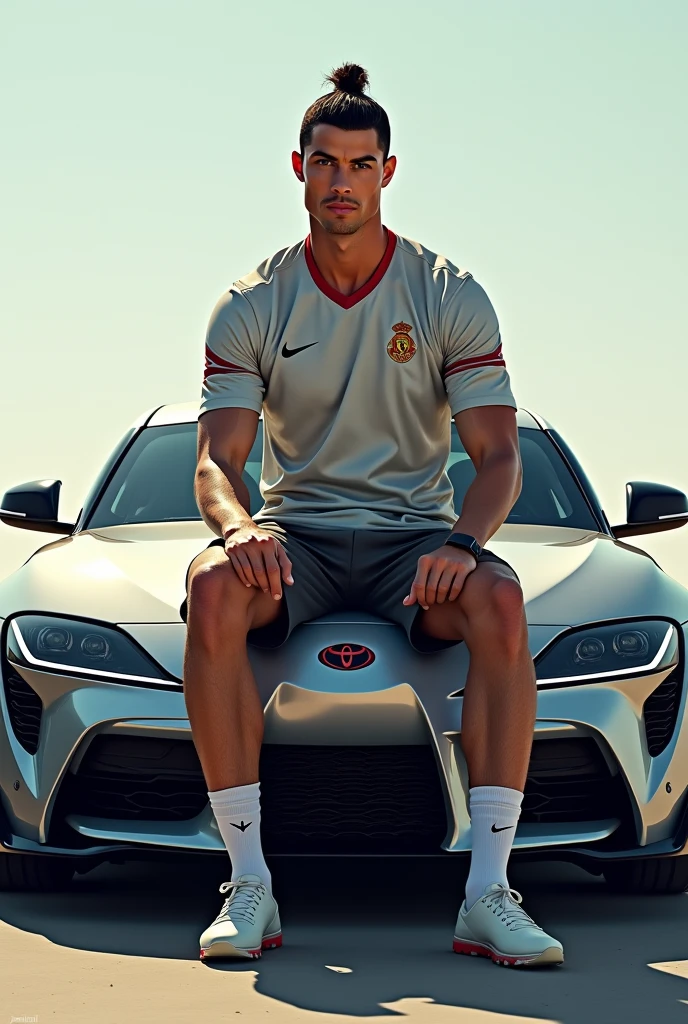 Cristiano Ronaldo sitting on the hood of a Toyota mk4