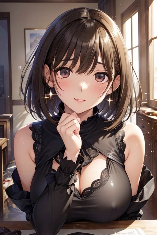 anegasaki nene、Shiny brown hair, short hair, (Beautiful brown eyes、Sparkling eyes, Fine grain)、smile、Ultra-detailed eyes、Highly detailed face, Highly detailed eyes,



Highest quality、masterpiece、High sensitivity、High resolution、Detailed Description、Slender women、In erotic clothing、((Messy room))((Scattered rooms))、、