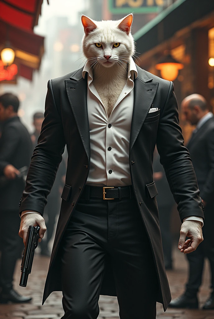 
The muscular white cat, dressed in a white shirt and black jacket, throws the thugs to the ground and hands their guns over to the restaurant owner, whom he wearing black cot or pent 




