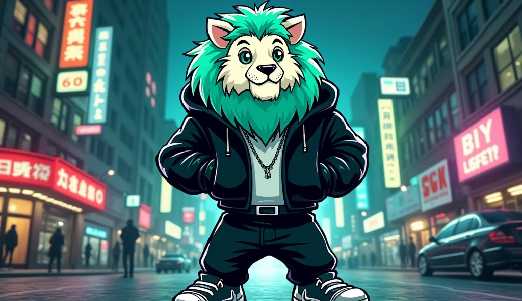 White lion with aquamarine green mane and aquamarine green eyes in a cartoon style, dressed in a black jacket and black pants, looking like a rapper standing on two legs on the street at night with an urban background that gets publicity.