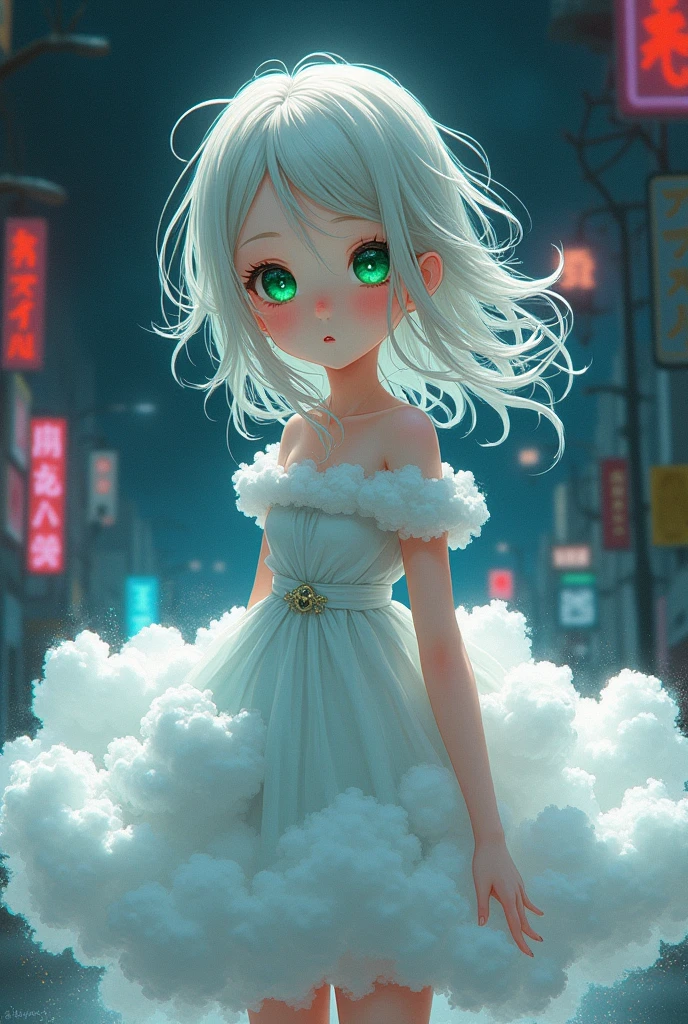 Cute anime girl in a black dress made of clouds. The skirt is very fluffy and flutters in the wind when she walks. Big green eyes with eyelashes around her face, cloud-like hair, white skin shining in the bright light, oil painting, brush strokes, anime style, full body portrait, dark background, neon lights, colorful, cute style, typhoon coming
