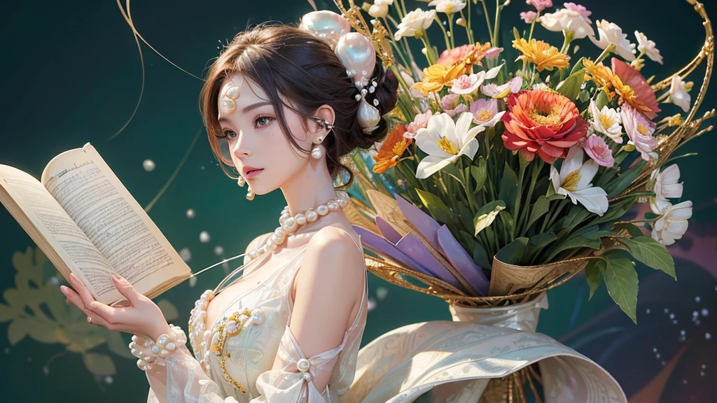 32K, 最高quality, 最高masterpiece, (ultra-Detailed Background, Detailed Background), High resolution, Super detailed, Very detailedな, 1 personの, (bouquet:1.3), (Tangled:1.2), (Geometric:1.2),(colorful),(masterpiece, quality, best quality, Official Art, Beautiful and beautiful:1.2), (1 person:1.3), Very detailed,(colorful:1.1)(Flowers:1.3),Most detailed,(Tangled:1.2), whole body, (Abstract background:1.3), (Skin glows), (Many colors:1.4), ,(Earrings Pearl:1.5), Light green background, It's imaginative., Brunette Hair, Updo, Holding a book, Holding a pen, Satin shirt