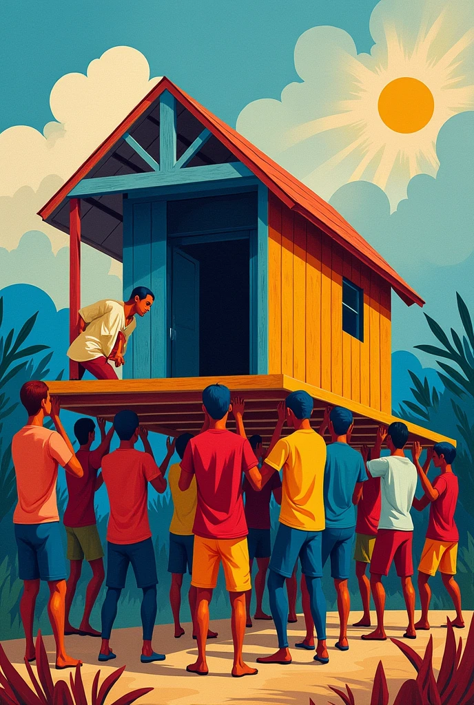 1. **Theme**: Depict the traditional Filipino value of community and cooperation, known as "Bayanihan," where neighbors help each other, often illustrated by a group carrying a house together.
2. **Elements**:
- **Line**: Use lines to create movement in your drawing, showing the dynamic action of people working together.
- **Color**: Incorporate vibrant colors that represent the Filipino culture, such as the colors of the Philippine flag (blue, red, yellow) and other bright hues found in traditional clothing.
- **Shape**: Utilize various shapes to represent the figures of the people, the house, and the environment.
3. **Principles**:
- **Balance**: Achieve balance by evenly distributing the figures and elements in the artwork, creating a harmonious composition.
- **Contrast**: Use contrast between the bright colors of the clothing and the more subdued colors of the environment to draw attention to the figures and emphasize the action.