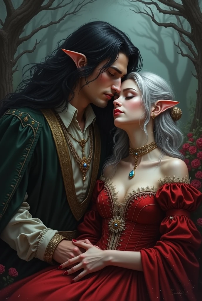 A beautiful black-haired elf girl, A blue-eyed young man in medieval noble costume is hugging a beautiful young woman., silver hair, Blue eyes in a luxurious red dress and jewelry in her arms as she slept., Amidst the dark atmosphere filled with evil spirits
