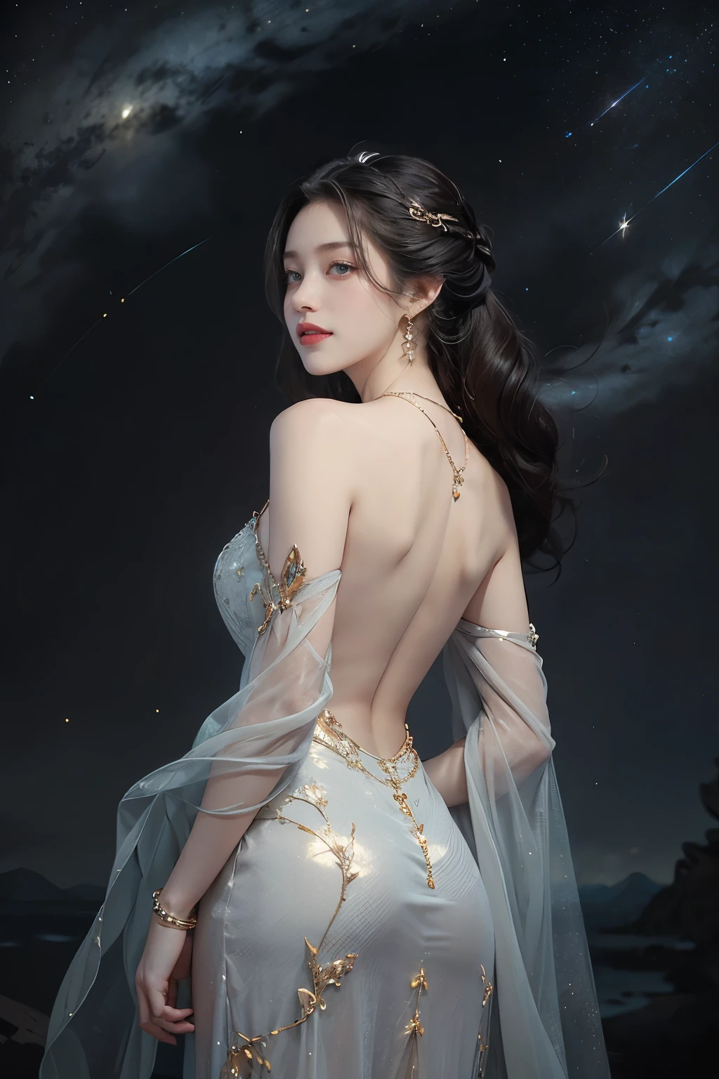 (((best quality))),(((ultra detailed))),(((masterpiece))),illustration,((A beautiful female astrologer,solo)),((slim,thin)),((bare back,towering hips,butt crack)),((shoulder length straight hair)),(laughing:1.2),(earrings,necklace),(sparkled sheer dress:1.3),standing beneath a magical summer night, stars twinkling in the velvety darkness,starry sky, sapphire eyes filled with wonder, flowing ethereal gown mimicking the stars, silver pendant shaped like a horoscope,serene smile and captivating gaze, celestial beauty and mystery, solace and inspiration in the vast expanse of the universe,((from back,upper body))