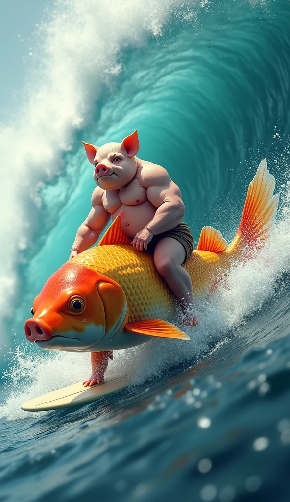 A muscular, chesty, shirtless pig riding a giant goldfish while surfing a wave