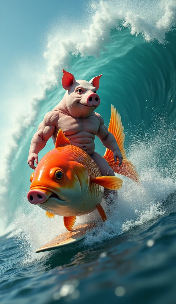 A muscular, chesty, shirtless pig riding a giant goldfish while surfing a wave