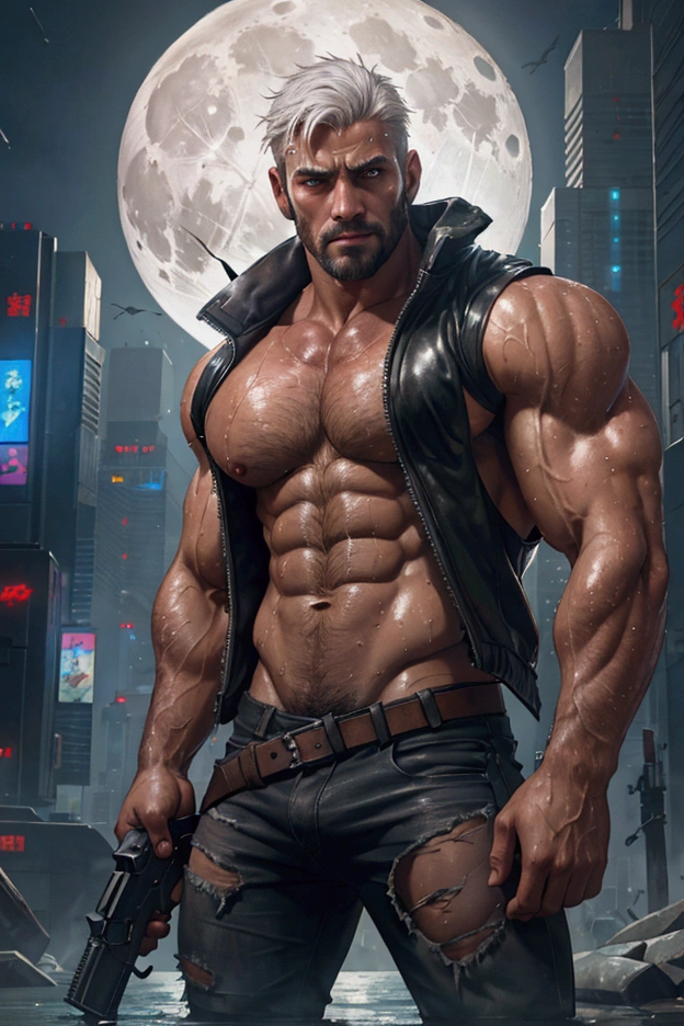 Macho、short hair、White Hair、manly、Brown skin、Torn clothes、Hairy、Pectoralis major、Abdominal muscles、Your body is wet、Highest quality、high resolution、looking at the camera、full moon、Cyberpunk cities in science fiction movies、Calm face、He has a gun