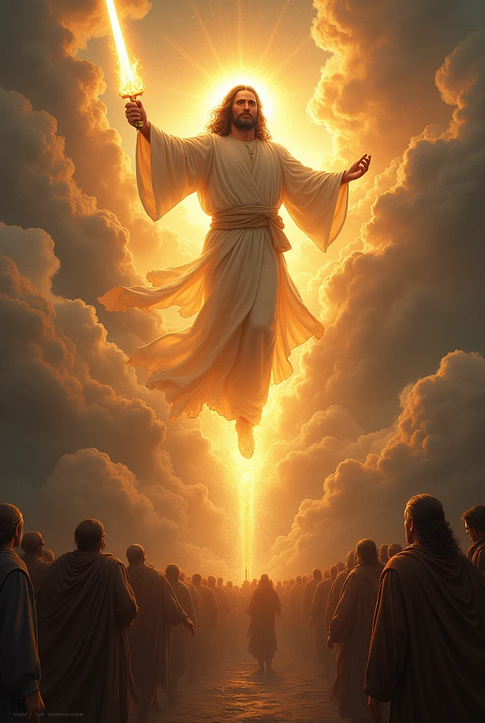 Jesus descending from heaven holding a flaming sword and shedding light on the spiritually blind