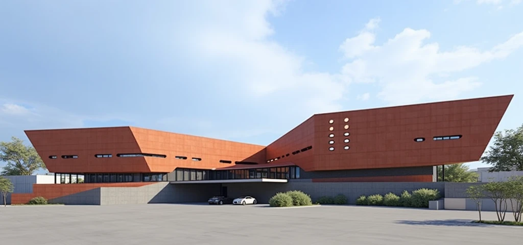 Futuristic design of office building, brick color, in a small town, cloudy weather, super realistic photo, high resolution