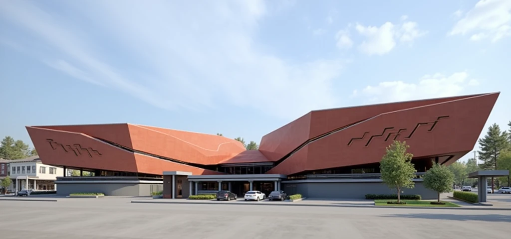 Futuristic design of office building, brick color, in a small town, cloudy weather, super realistic photo, high resolution