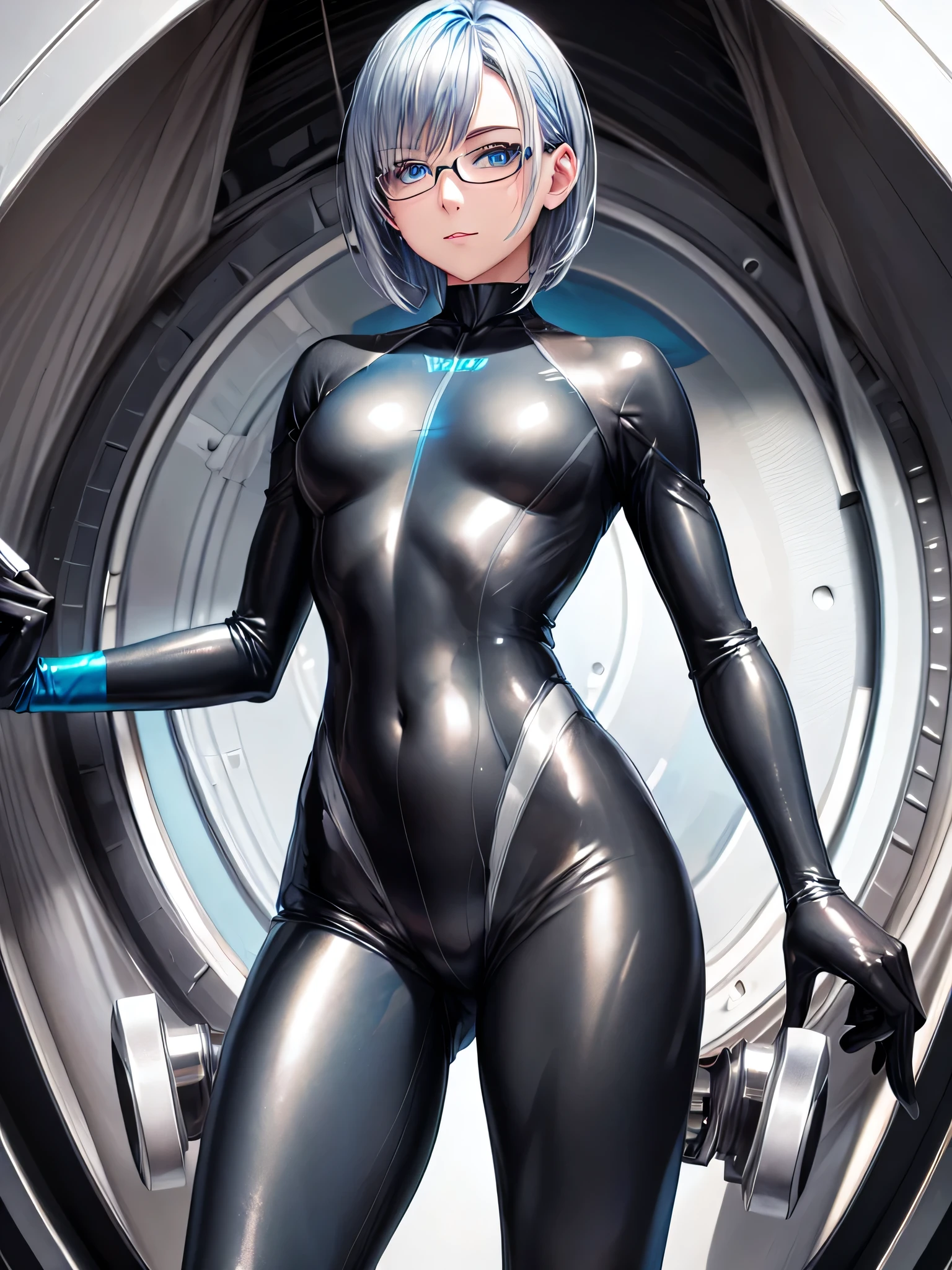 Highest quality 8K UHD、Mastepiece、Close-up、short hair、Muscular、Blue Eyes、Silver Hair、Glasses、Leg spread、A beautiful woman wearing a sleek all-black metallic suit、Full body black metallic rubber suit