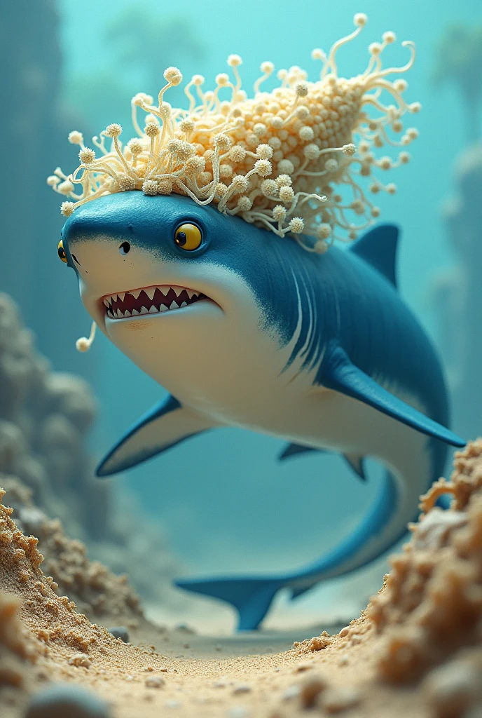 a blue and white shark with curly corn hair near a sand pile