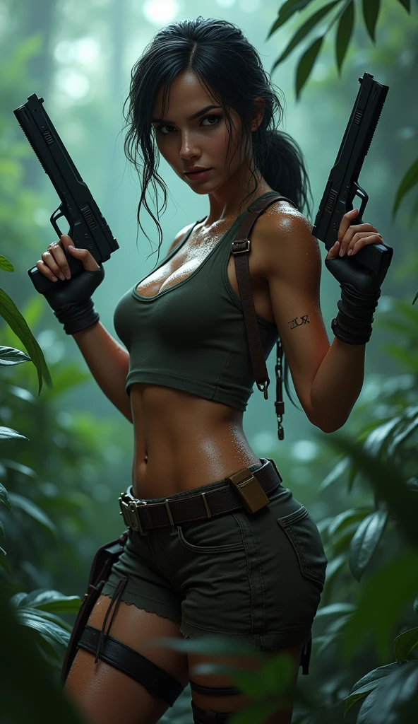 (rear view, backside view),a close up of a woman holding two guns in a jungle, lara croft, portrait of lara croft, tomb raider beautiful,(pose americano :1.4),(vestuario white :1.4), epic digital art illustration, tomb raider, deviantart artstation cgscosiety, lara croft relaxing, hd artwork, high quality digital concept art, wojtek fus, 4k detailed digital art, fan art, high quality, (RAW photo, best quality), (realistic, photorealistic: 1.4), (extremely delicate and beautiful: 1.4), amazing, fine details, masterpiece, ultra detailed, high resolution, best illustration, best shadow, intricate, ( extremely intricate: 1.2), (exquisitely detailed skin), cinematic light, perfect anatomy, (cool color: 1.4), sharp focus, 8k UHD, DSLR, (Fujifilm XT3),(iluminación cinematográfica :1.4), (pose americano :1.4), (lara croft:1.4), (tiene un hermoso culo :1.4), (vestuario rasgado roto:1.4), (fondo hojas grandes silvestres carnívoros :1.4), Epic Fantasy Art Style HD, 4K fantasy art, epic fantasy digital art style, epic fantasy art style, Fantasy Woman, epic fantasy art portrait, Epic fantasy style, hyperrealistic fantasy art, hd fantasy art, Epic fantasy character art, epic fantasy art, in style of dark fantasy art, epic fantasy digital art, (vestuario húmedo mojado agua gotas transparente :1.4) 