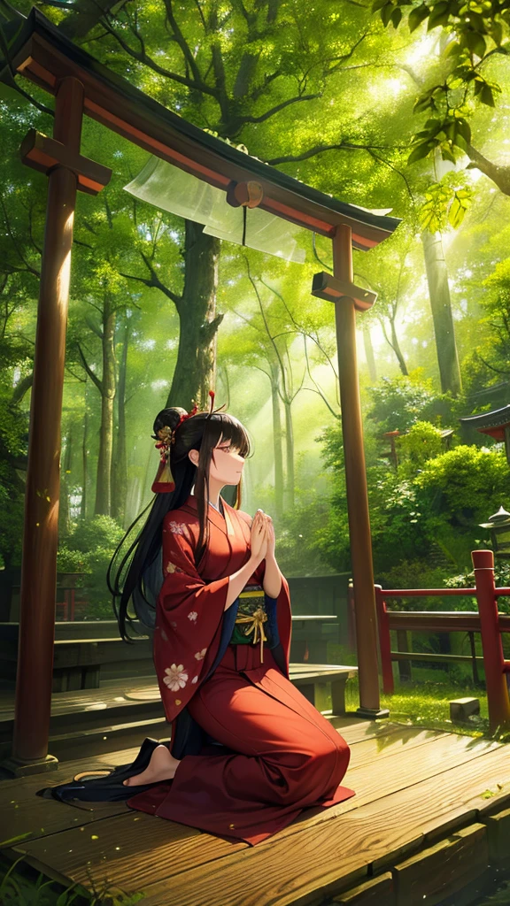 a beautiful woman kneeling in prayer at a serene shrine in a lush forest,traditional japanese kimono with elegant floral patterns in deep red and gold,beautifully tied obi sash,long dark hair in classic elegant bun with delicate hairpins,ancient wooden torii gates and stone lanterns,towering trees with leaves creating natural canopy,peaceful and mystical atmosphere,soft sound of leaves rustling,distant bird chirping,sunlight filtering through leaves casting dappled shadows,incense smoke rising with faint scent of moss and wood,sacred and tranquil setting,golden particles shimmering around her