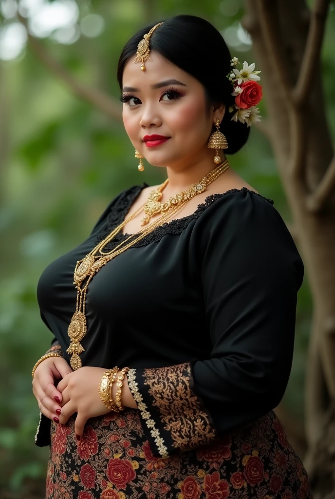 photorealistic,fullbody shot,cinematic shot, studio lighting, shot Phase One, ISO 100, natural lighting , sharpen , lightroom, fine art photography, hyperdetailed, highly detailed, 8 k, sharp details on face, photography, woman, java wedding woman in black kebaya dress traditional and batik skirt, chubby, busty, voluptuous, big breasts, cleavage, open breasts, looking at viewer, jewerly and hair on hair, red lipstick, golden necklace, earrings, ornate, detail, flowers, blurry background, soft focus, sexy, exotic, erotic