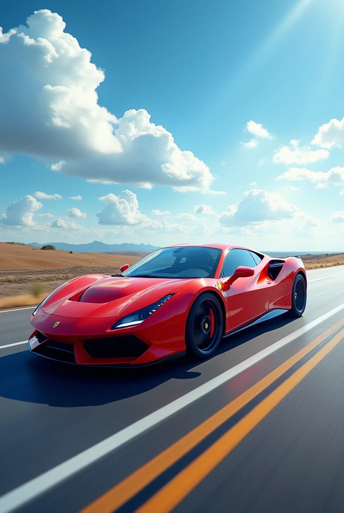 A red car drive with beautiful sky
